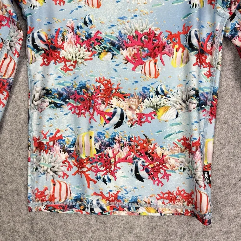 Molo Neptune LS Rash Guard Swim Shirt Youth 146 152 Blue Coral Fish UPF 40+